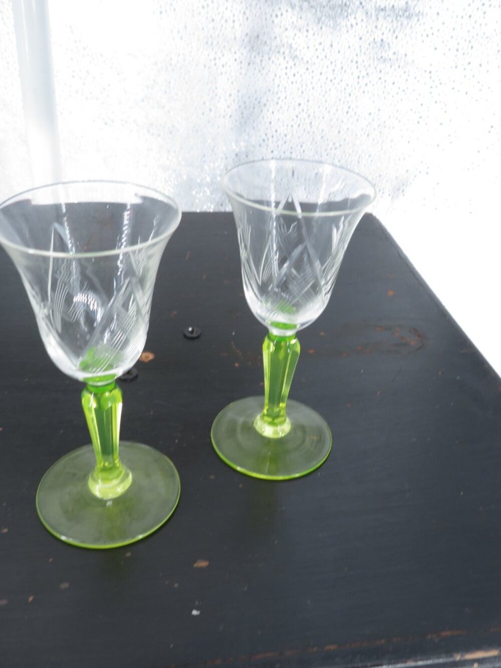 Vintage Green Stemmed Cordial Glasses 2 Cut Crystal Clear 4.5in Aperitif Glass